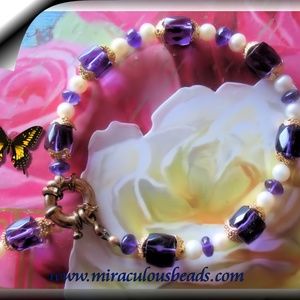Bracelet Handmade w Amethysts and FW Pearls Size 7